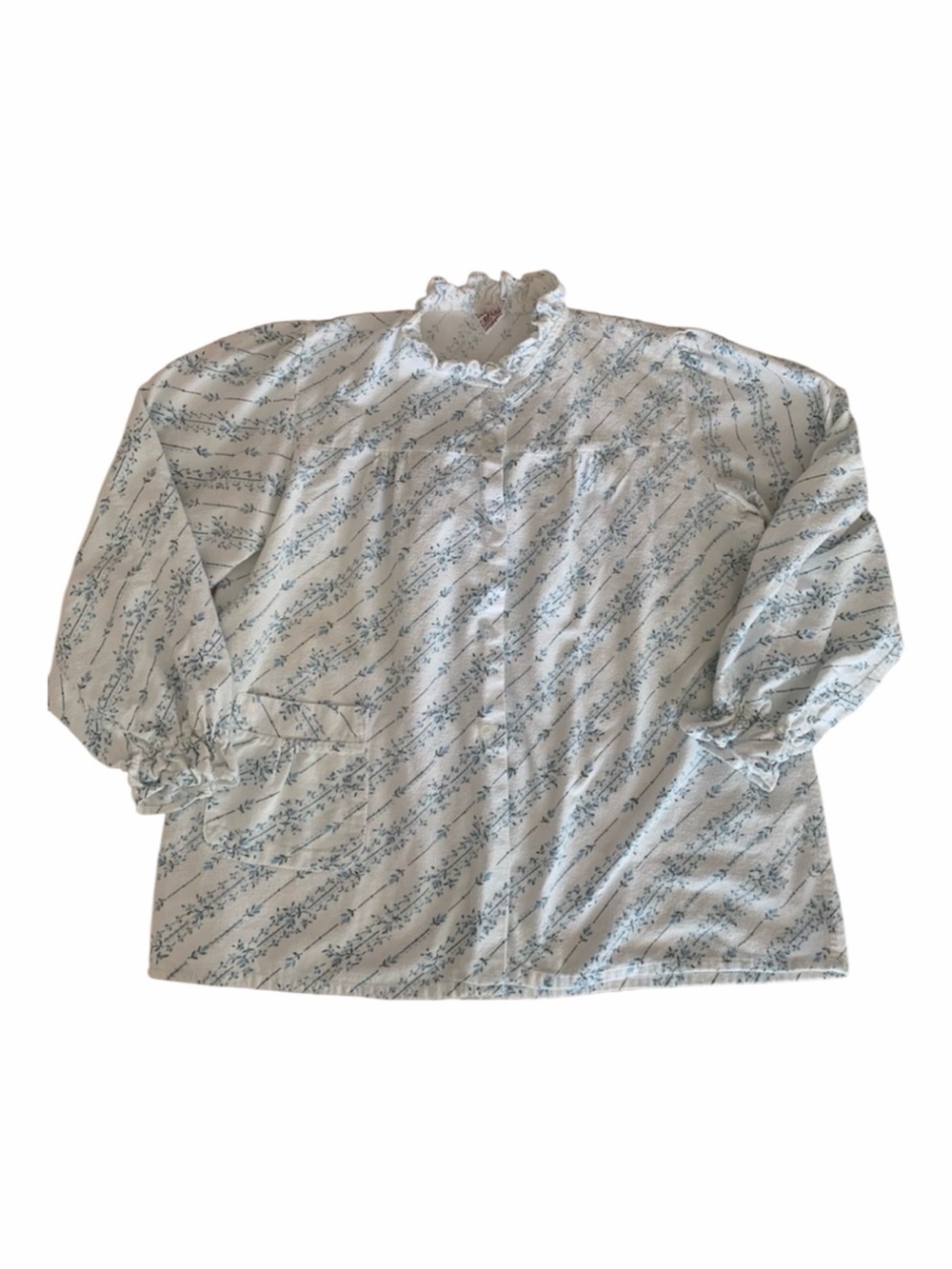 Vintage Sears Roebuck Flannel Pajama Top Size 34 White Blue Cotton Ruffle Collar